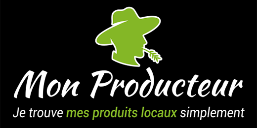 Logo Mon Producteur, version empilée, blanc et vert sur fond noir (520 × 260 px)